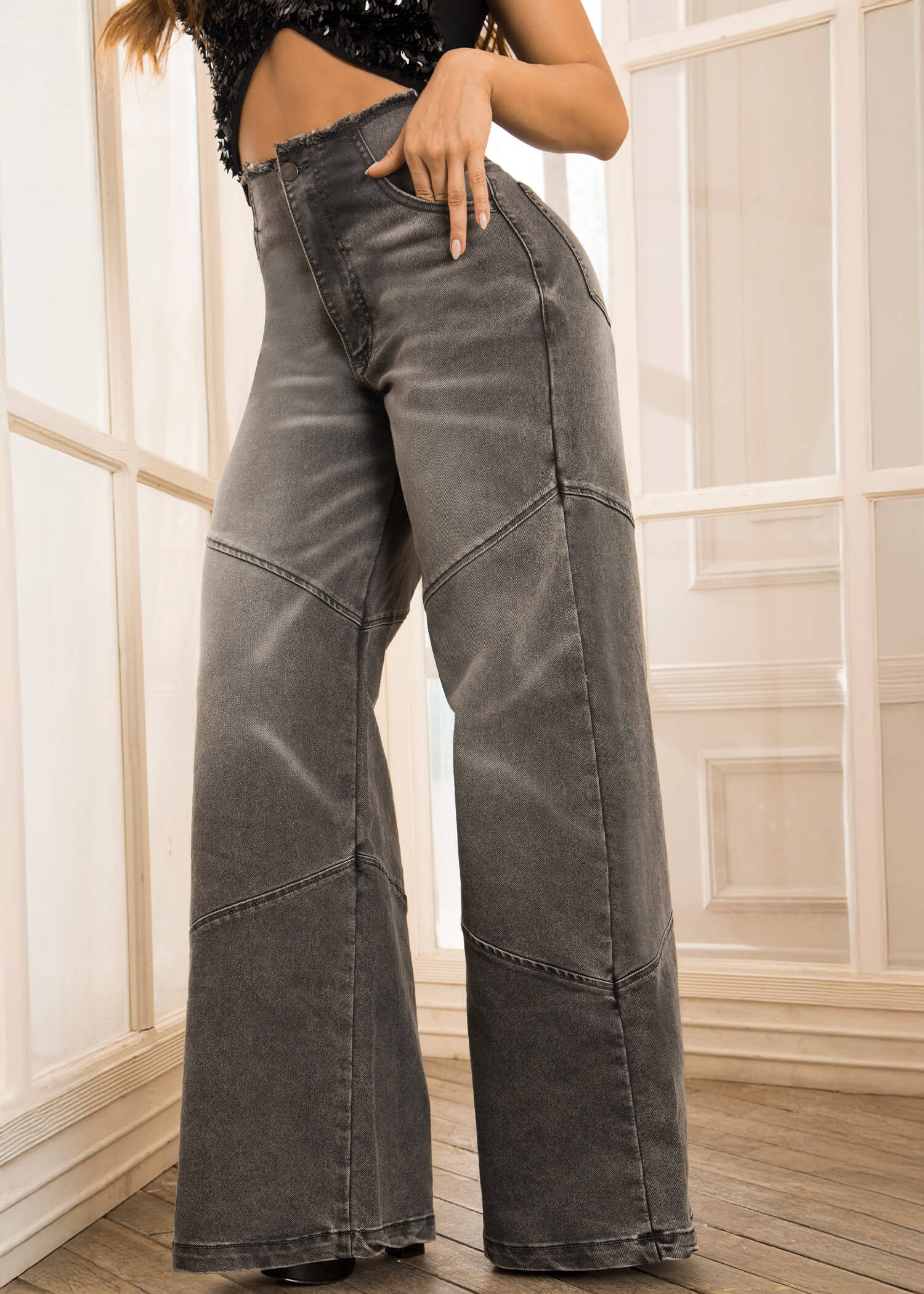 Jean wide leg desmechado gris